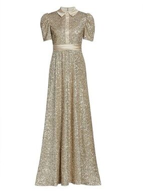 NWOT Theia Gold Sequin Maxi Dress with Satin Trim